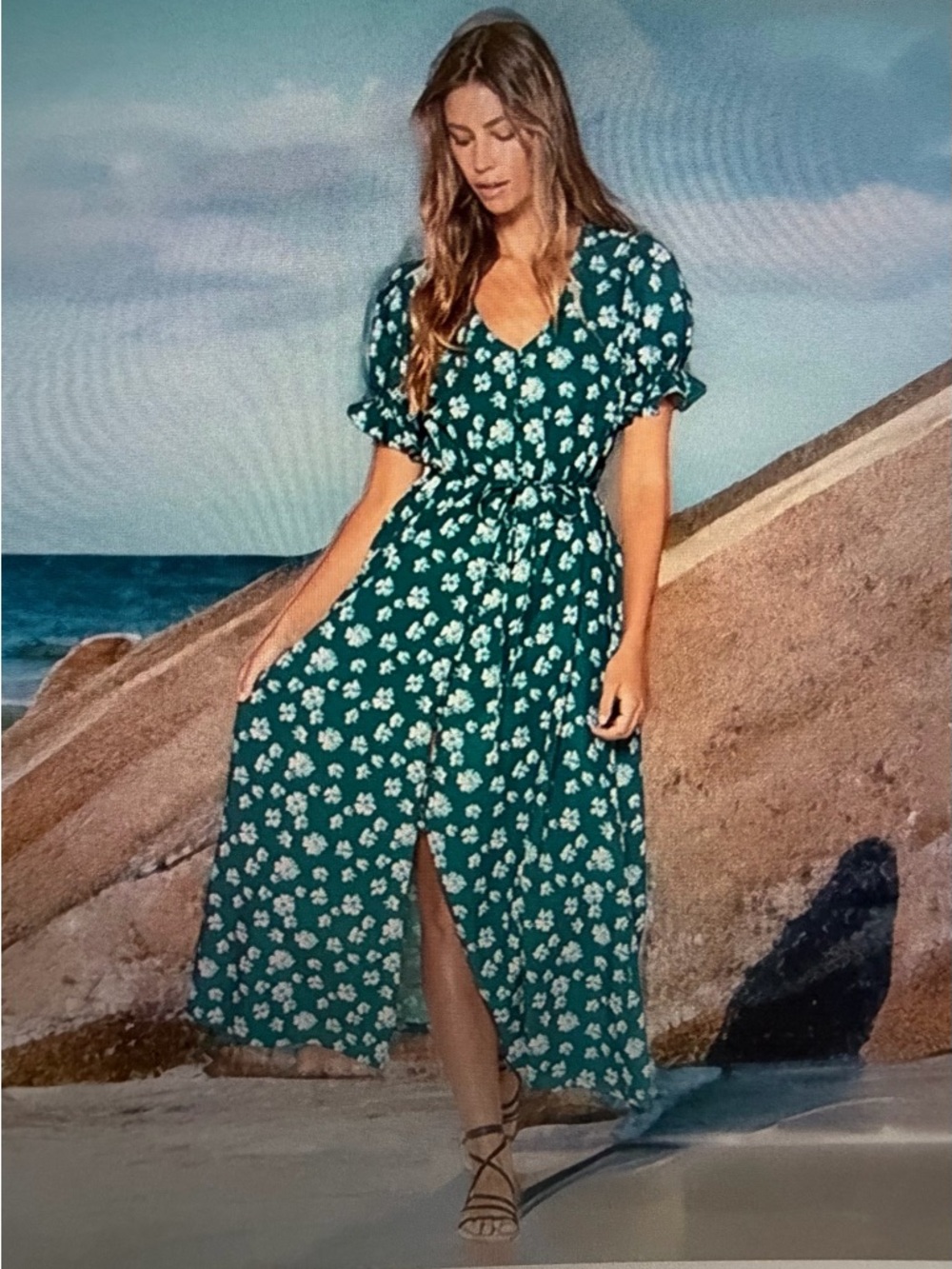 Outerknown Teal Floral V-Neck Maxi Dress with Tie Waist